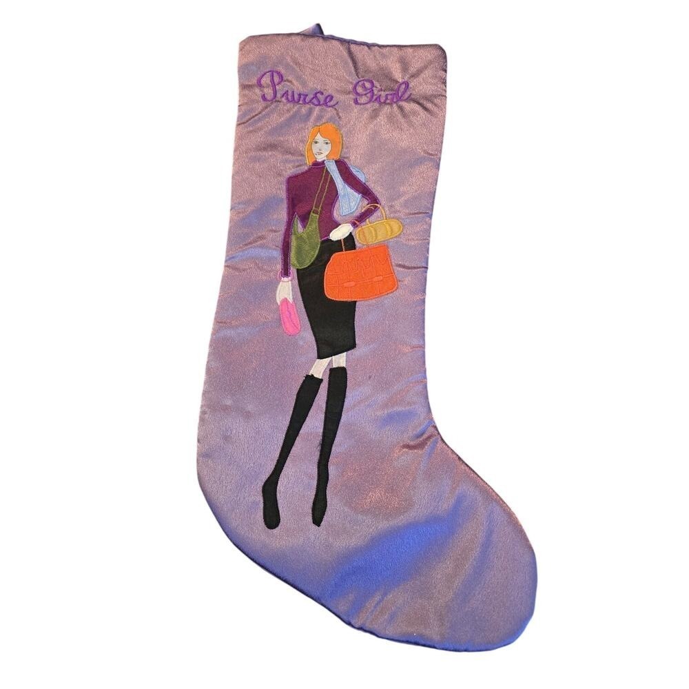 Santa's Best Christmas Stocking"Purse Girl" Appliqué Lavender‎ 19" EUC